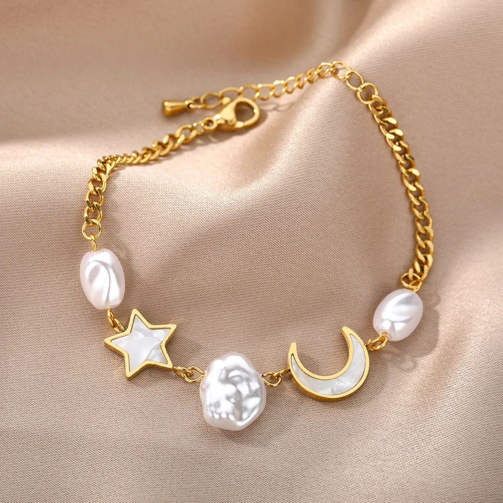 RXSMII Stainless Steel Layered Golden Pendant Bracelet For Women Retro Punk Gothic Portrait Coin Cross Pearl Bracelet Jewelry