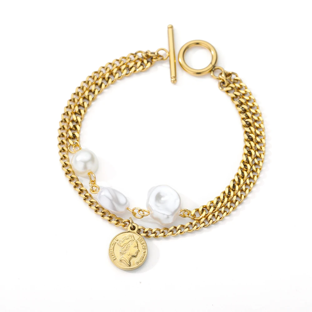 RXSMII Stainless Steel Layered Golden Pendant Bracelet For Women Retro Punk Gothic Portrait Coin Cross Pearl Bracelet Jewelry