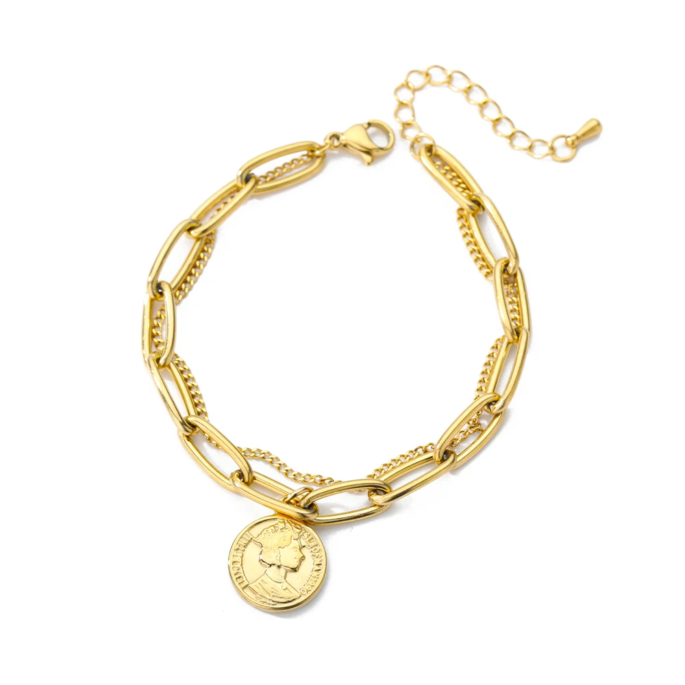 RXSMII Stainless Steel Layered Golden Pendant Bracelet For Women Retro Punk Gothic Portrait Coin Cross Pearl Bracelet Jewelry