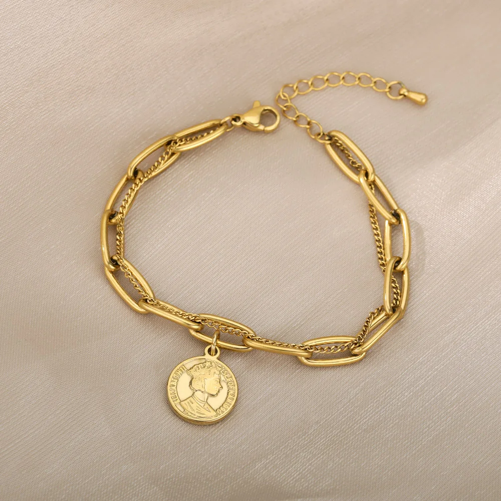RXSMII Stainless Steel Layered Golden Pendant Bracelet For Women Retro Punk Gothic Portrait Coin Cross Pearl Bracelet Jewelry