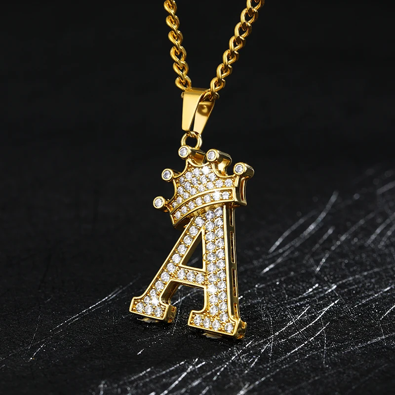 Crystal Crown Necklace For Man Women Initial Letter Necklaces Hip Hop Alphabet Pendant Goth Chain Jewelry Gifts For Kids Bijoux