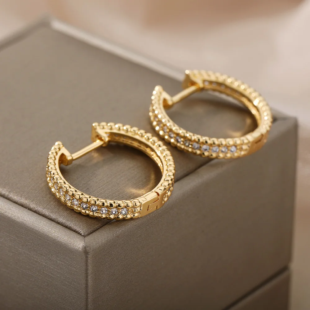 Zircon Round Studs Earrings For Women Crystal Rhinestone Stainless Steel Geometric Earrings Jewelry Circle Ear Buckle Femme