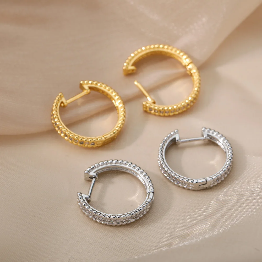 Zircon Round Studs Earrings For Women Crystal Rhinestone Stainless Steel Geometric Earrings Jewelry Circle Ear Buckle Femme