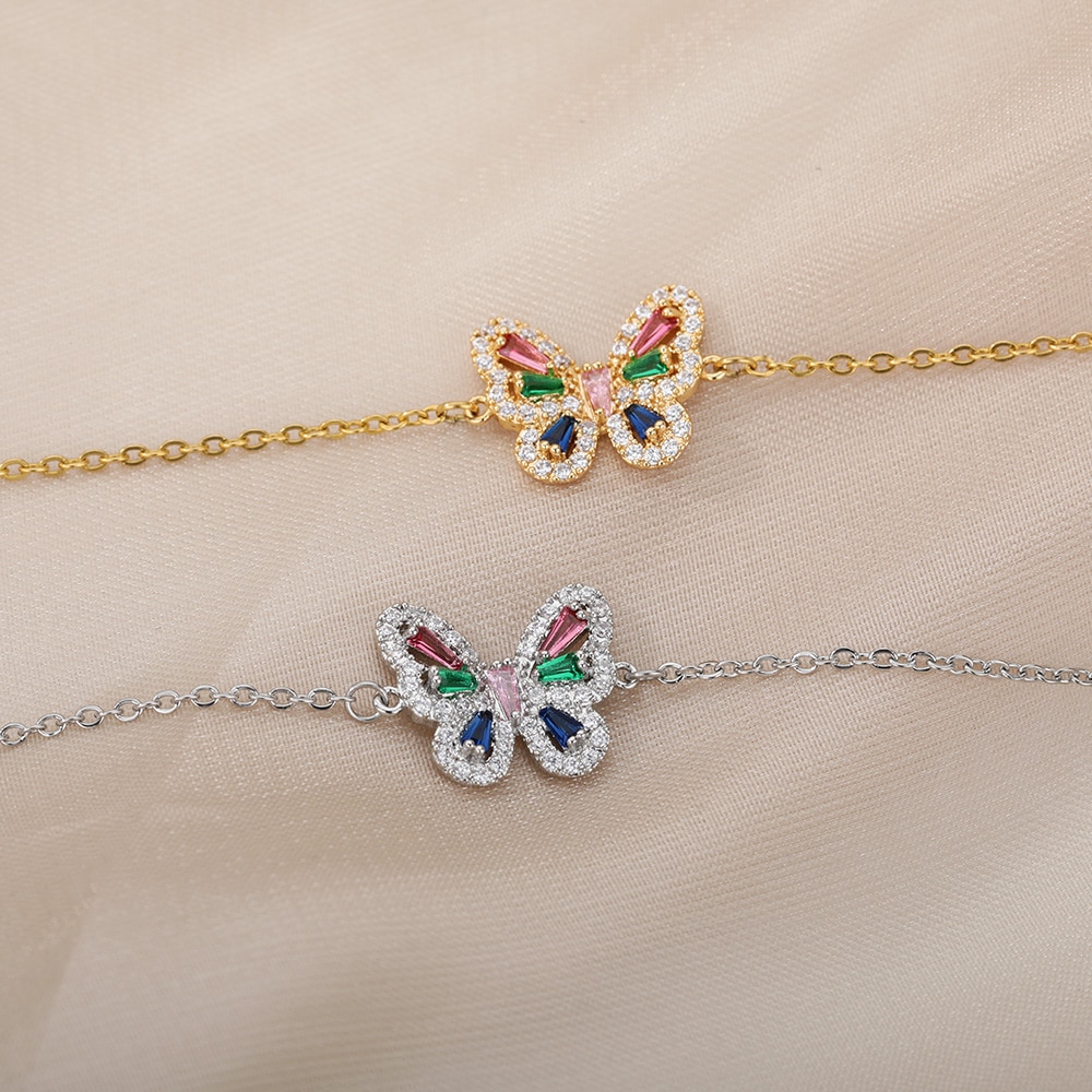 Butterfly Bracelet For Women Sweet Shining Colorful Zircon Stainless Steel Cute Animal Bracelet Accessory Bangle Jewelry Boho