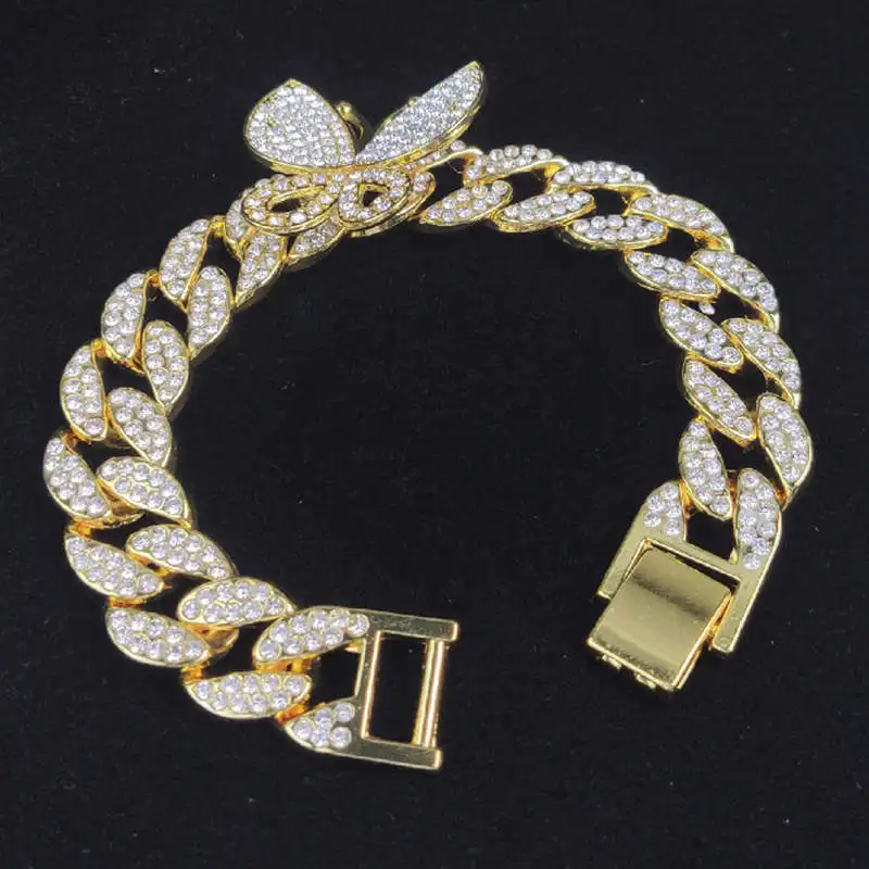 Hip Hop Bling Iced Out Miami Cuban Link Chain Full AAA Crystal Pave Men's Bracelet Gold Color Bracelets for Men Jewelry