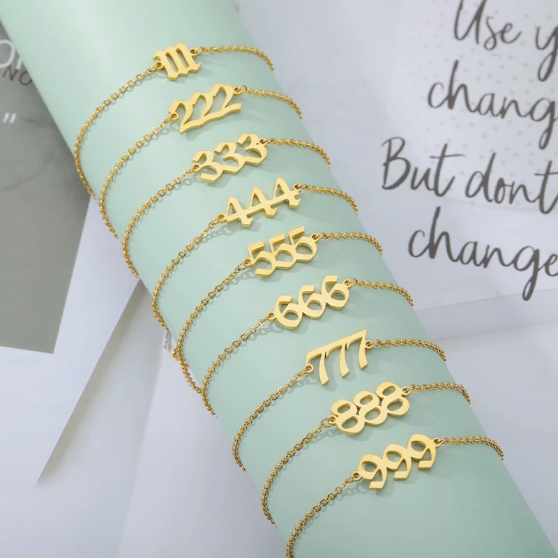 Goth Angel Number Wrist Bracelets Gold Stainless Steel 111 222 333 444 555 666 777 888 999 Devil Cuff Bracelet for Women Jewelry