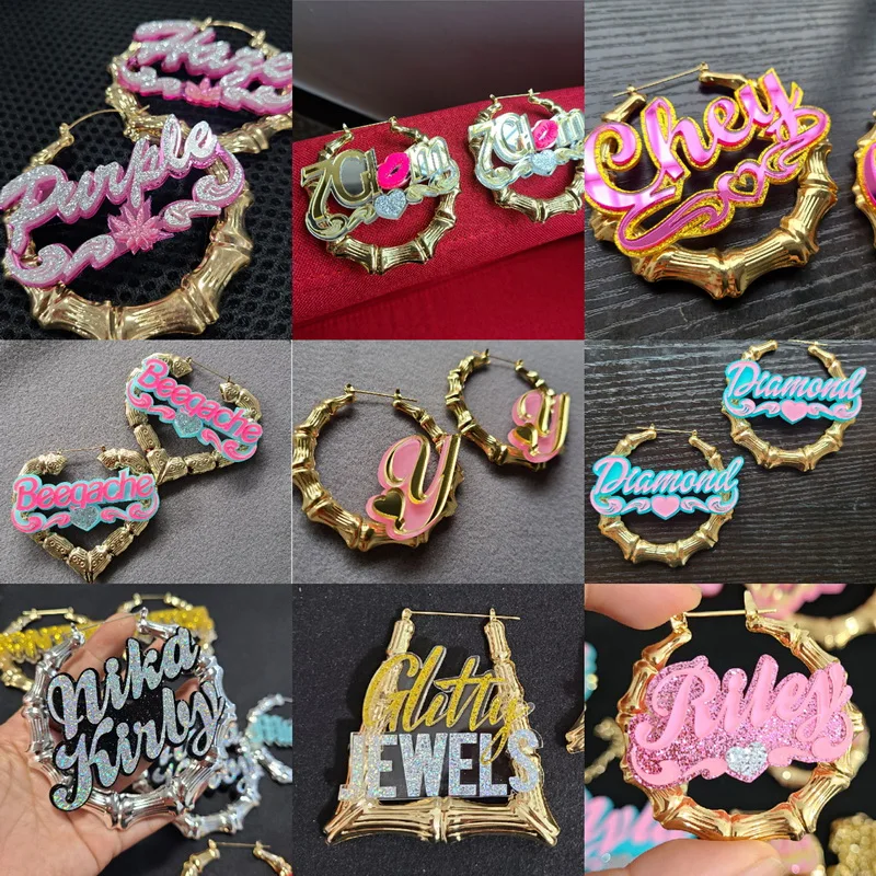 Big Bamboo Personalized Name Custom Earrings C4 Big Bamboo Personalized Name Custom Earrings C4