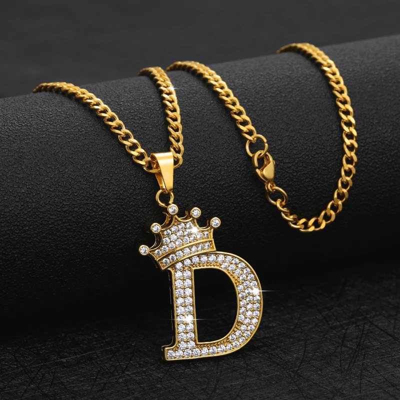 Crystal Crown Necklace For Man Women Initial Letter Necklaces Hip Hop Alphabet Pendant Goth Chain Jewelry Gifts For Kids Bijoux