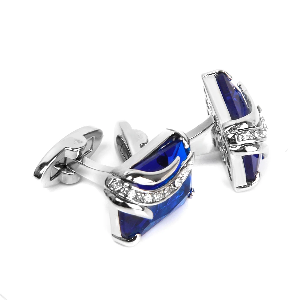 Men Fashion Blue Crystal Cufflink Shirt Suit Cuff Links Wedding Jewelry Gift Rectangle Tie Clips