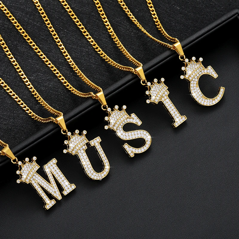 Crystal Crown Necklace For Man Women Initial Letter Necklaces Hip Hop Alphabet Pendant Goth Chain Jewelry Gifts For Kids Bijoux