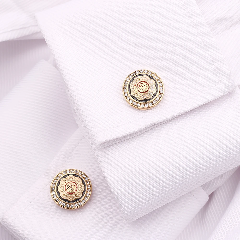 Classic Gold-Color Plated Rhinestone Copper Black Painting Men's Cufflink Wedding Suit Shirt Buttons Cufflinks