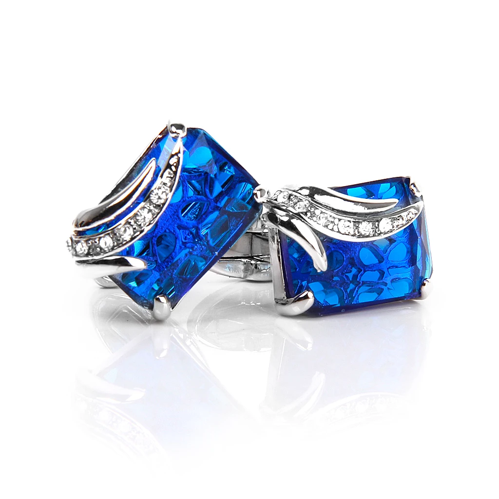 Men Fashion Blue Crystal Cufflink Shirt Suit Cuff Links Wedding Jewelry Gift Rectangle Tie Clips