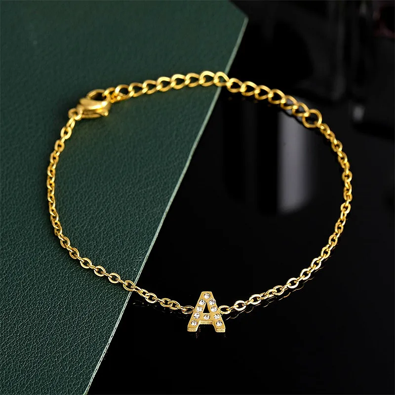 Custom Gold Color Stainless Steel Bracelet Bangle with Zircon Letter Initial Alphabet Charms Bracelets for Women Girl Jewelry