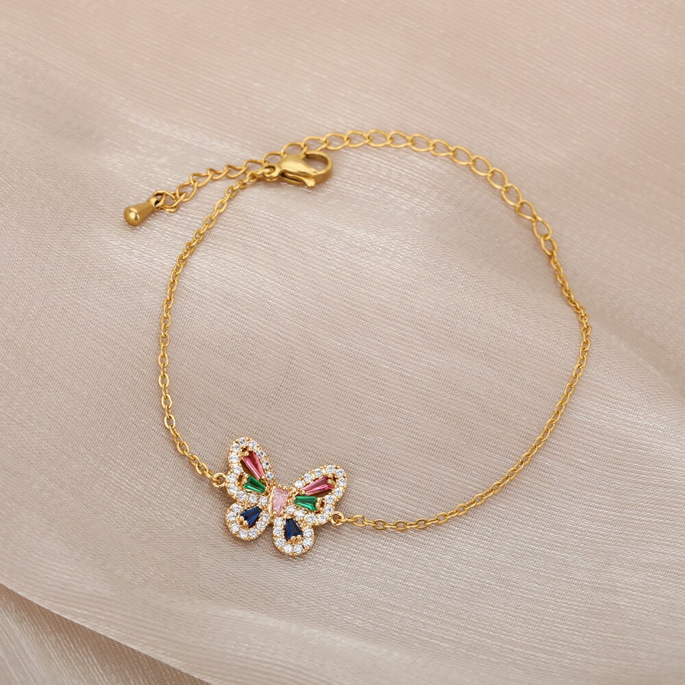 Butterfly Bracelet For Women Sweet Shining Colorful Zircon Stainless Steel Cute Animal Bracelet Accessory Bangle Jewelry Boho