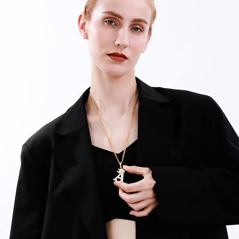 Crystal Crown Necklace For Man Women Initial Letter Necklaces Hip Hop Alphabet Pendant Goth Chain Jewelry Gifts For Kids Bijoux
