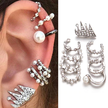 Punk Simulated Pearl Crystal Clip Earrings Bohemian Silver Color Ear Cuff Brincos Fashion Jewelry