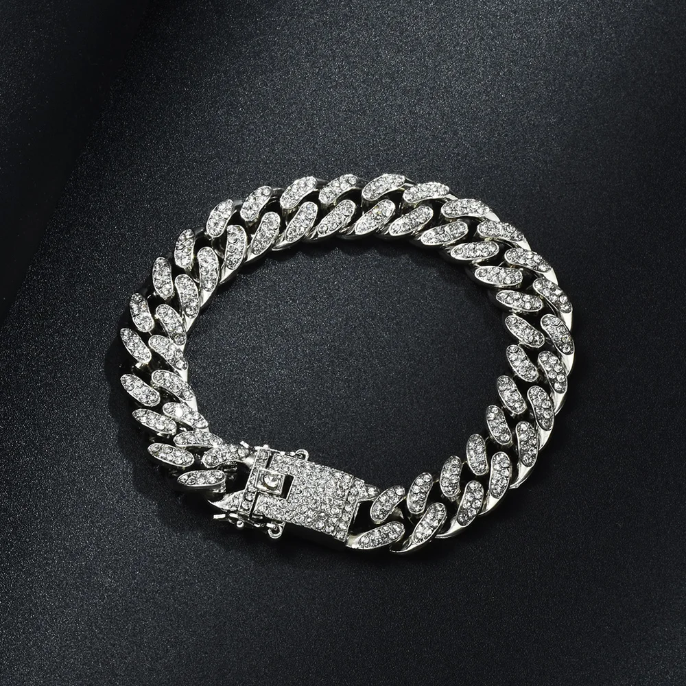 Hip Hop Bling Iced Out Miami Cuban Link Chain Full AAA Crystal Pave Men's Bracelet Gold Color Bracelets for Men Jewelry