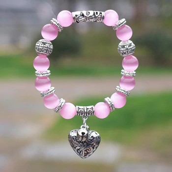 Opal Obsidian Tiger Eye Natural Stone Heart Pendant Charms Strand Bracelet