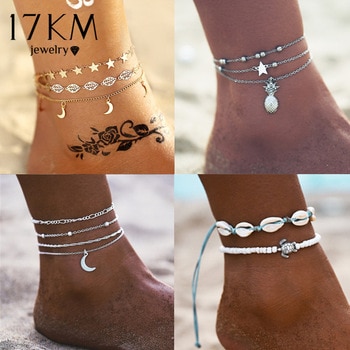 Vintage Gold Silver Color Multilayer Anklets For Women Bohemian Moon Map Beads Leaves Anklet