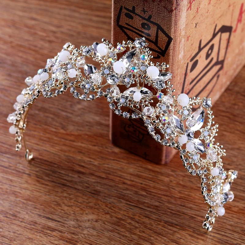 2022 New Fashion Baroque Luxury Crystal AB Bridal Crown Tiaras Light Gold Diadem Tiaras for Women Bride Wedding Hair Accessories