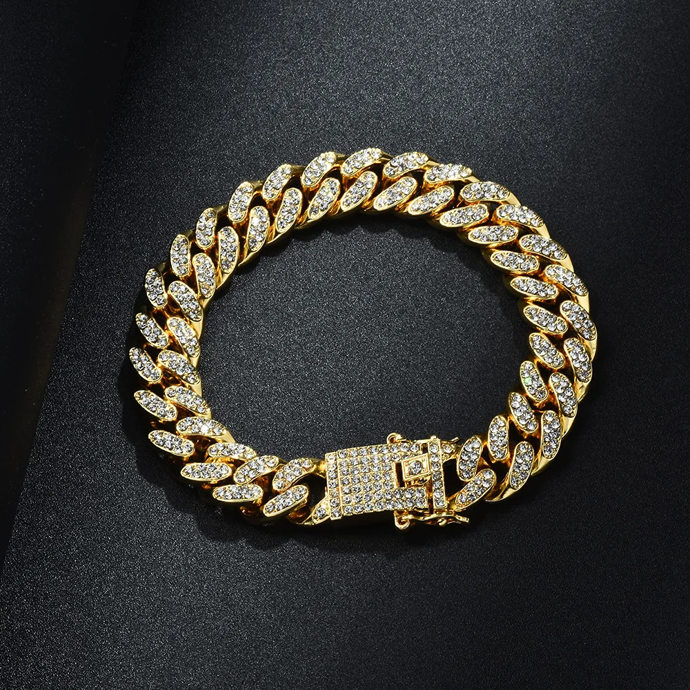 Hip Hop Bling Iced Out Miami Cuban Link Chain Full AAA Crystal Pave Men's Bracelet Gold Color Bracelets for Men Jewelry