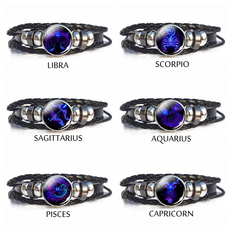 12 Constellation Luminous Leather Bracelet For Men Black Braided Rope Punk Jewelry Wristband Male Bracelet Bangle Gift