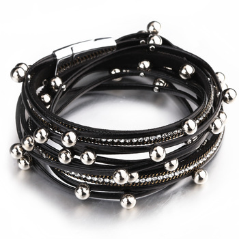 ALLYES Multilayer Leather Wrap Bracelets for Women Femme Crystal Metal Beads