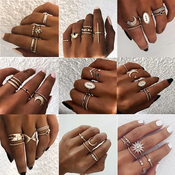 IPARAM Bohemian Vintage Gold Crescent Geometric Joint Ring Set