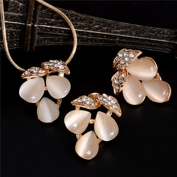 ZOSHI Golden Plated Jewelry Sets For Women Luxury Wedding Bridal Rhinestone Gem Jewelry Set Opal Cat's Eye Necklace Earrings Set