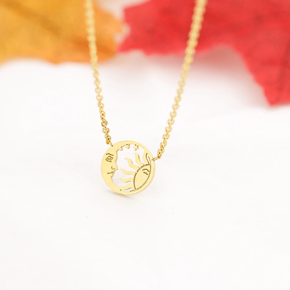 Minimal Disc Coin Necklace Stainless Steel Moon and Sun Face Pendants Necklaces For Women Fashion Jewellery Bijoux Femme 2020