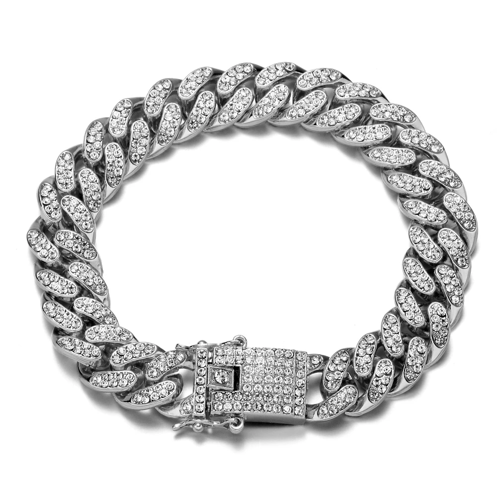 Hip Hop Bling Iced Out Miami Cuban Link Chain Full AAA Crystal Pave Men's Bracelet Gold Color Bracelets for Men Jewelry