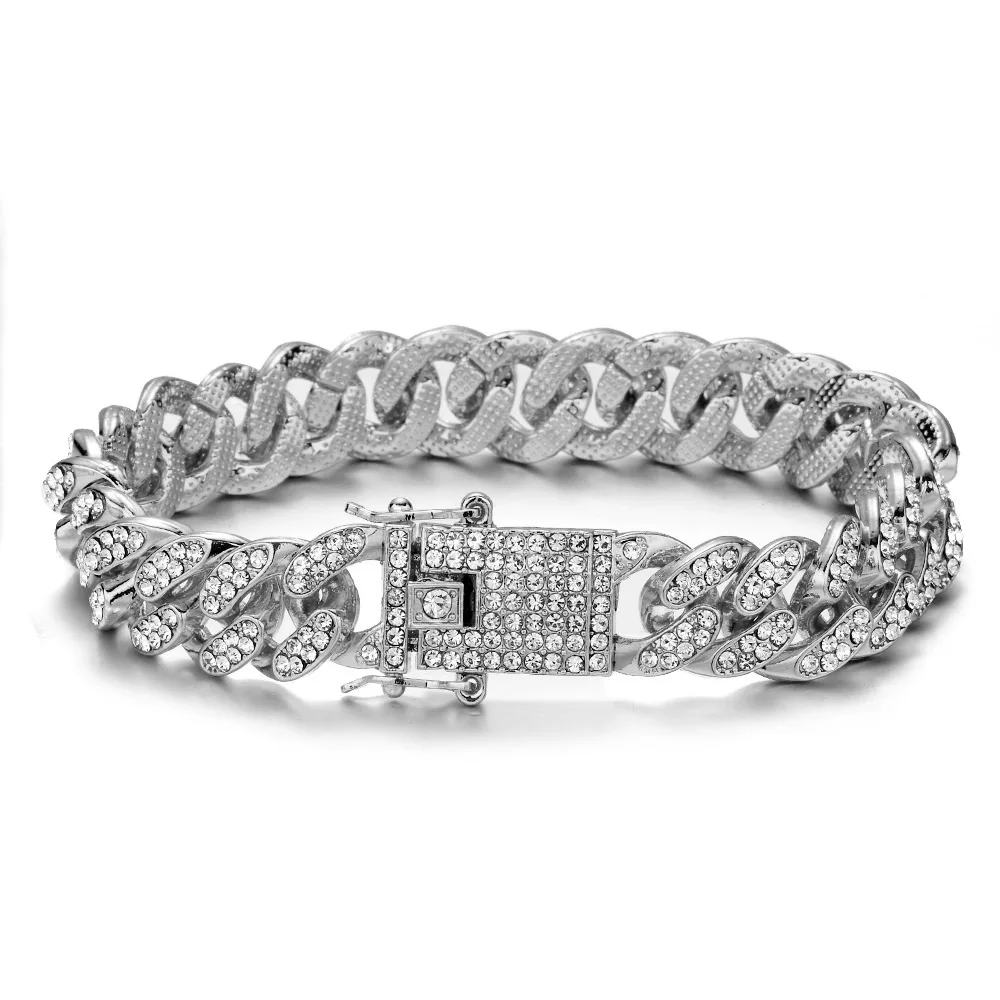 Hip Hop Bling Iced Out Miami Cuban Link Chain Full AAA Crystal Pave Men's Bracelet Gold Color Bracelets for Men Jewelry