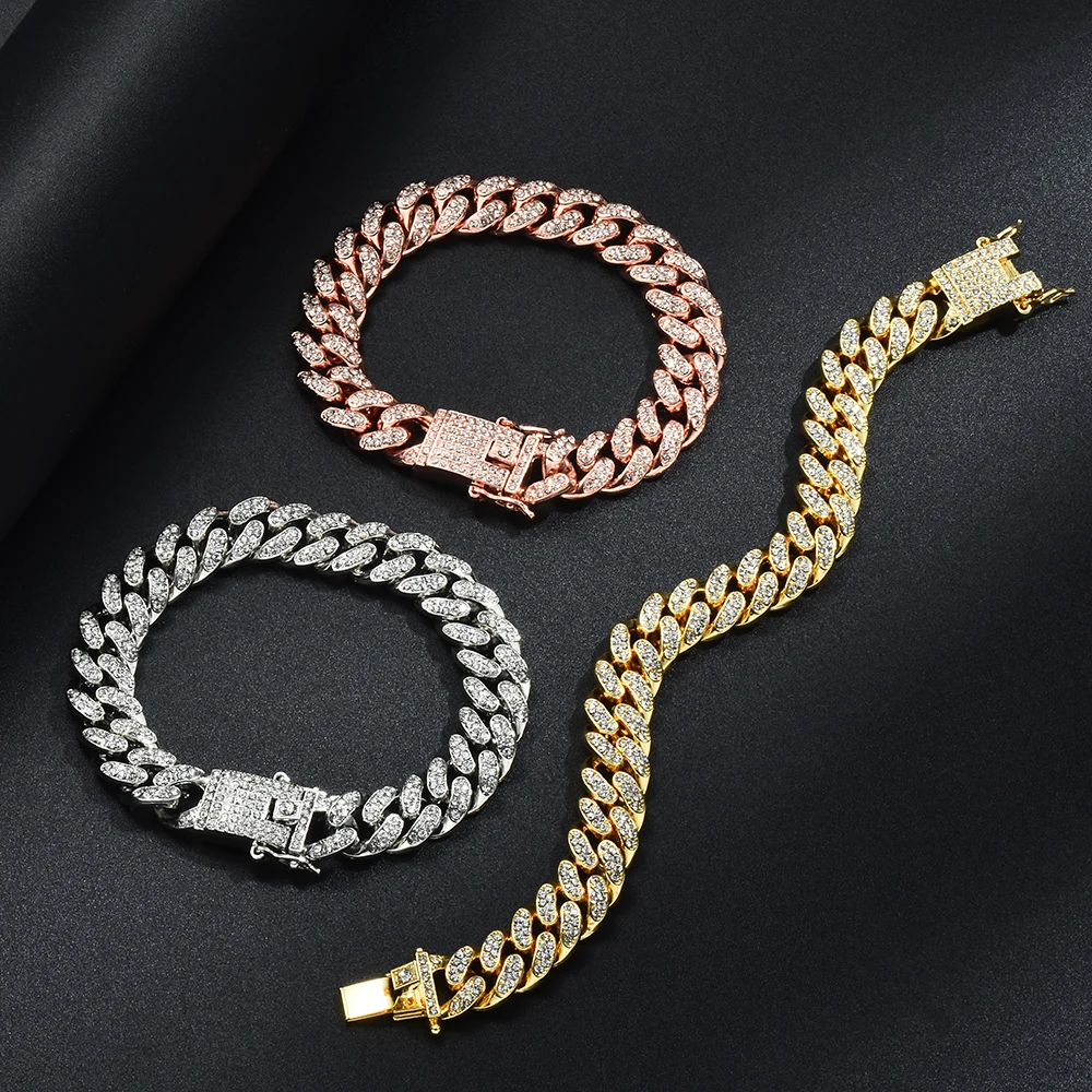 Hip Hop Bling Iced Out Miami Cuban Link Chain Full AAA Crystal Pave Men's Bracelet Gold Color Bracelets for Men Jewelry