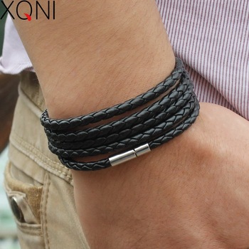 XQNI brand black retro Wrap Long leather bracelet men bangles