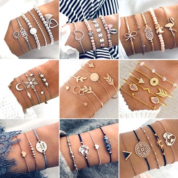 30 Style Boho Bangle Elephant Heart Shell Star Moon Bow Map Crystal Bead Bracelet