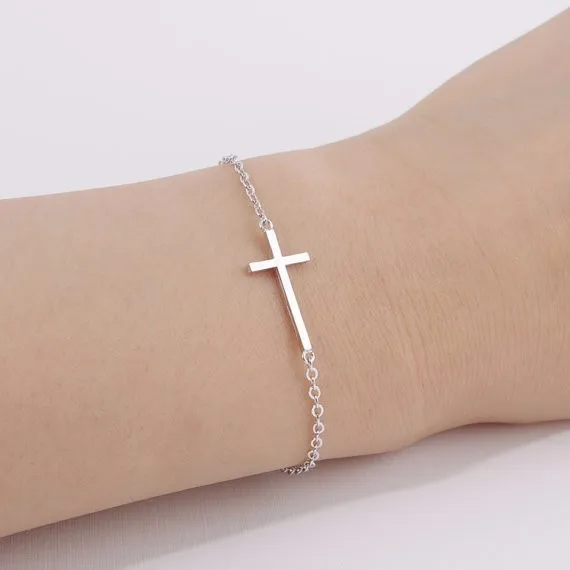 Crucifix Jesus Christian Horizontal Sideways Cross Charm Bracelets for Women Stainless Steel Bridesmaids Gift Pulseira Feminina