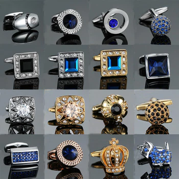 Novelty Luxury Blue white Brand High Quality crown Crystal gold silver Shirt Cuff Links