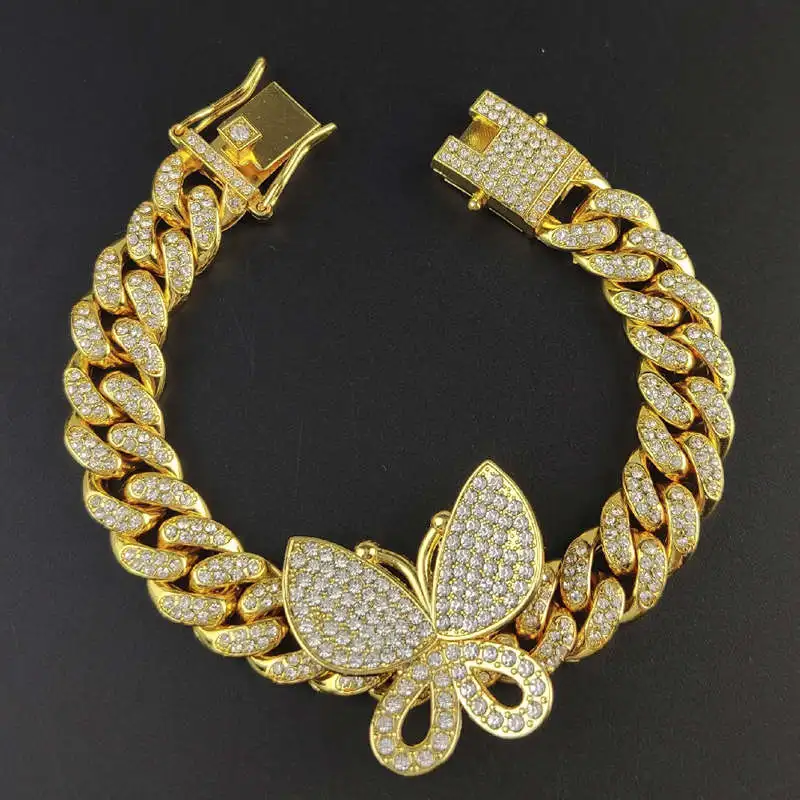 Hip Hop Bling Iced Out Miami Cuban Link Chain Full AAA Crystal Pave Men's Bracelet Gold Color Bracelets for Men Jewelry