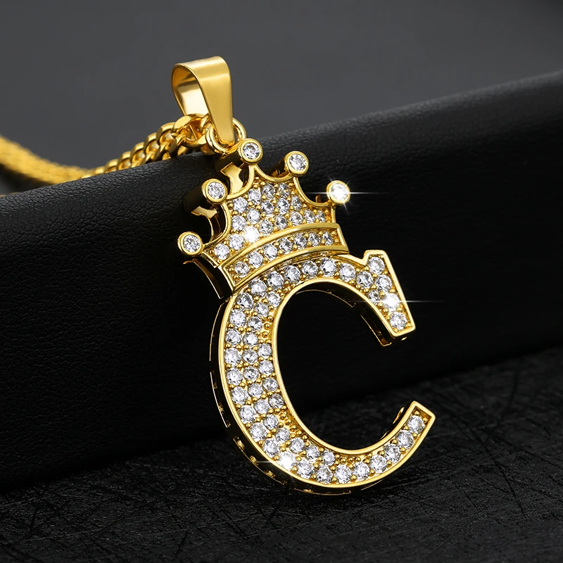 Crystal Crown Necklace For Man Women Initial Letter Necklaces Hip Hop Alphabet Pendant Goth Chain Jewelry Gifts For Kids Bijoux