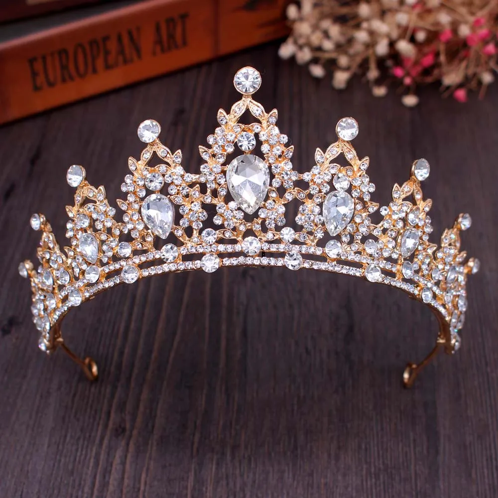 2022 New Fashion Baroque Luxury Crystal AB Bridal Crown Tiaras Light Gold Diadem Tiaras for Women Bride Wedding Hair Accessories