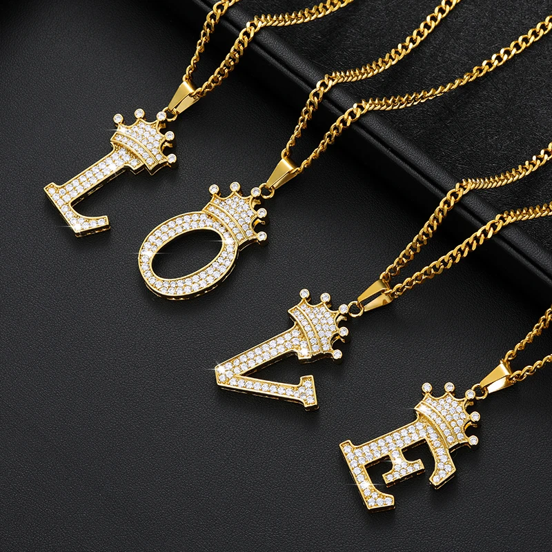 Crystal Crown Necklace For Man Women Initial Letter Necklaces Hip Hop Alphabet Pendant Goth Chain Jewelry Gifts For Kids Bijoux