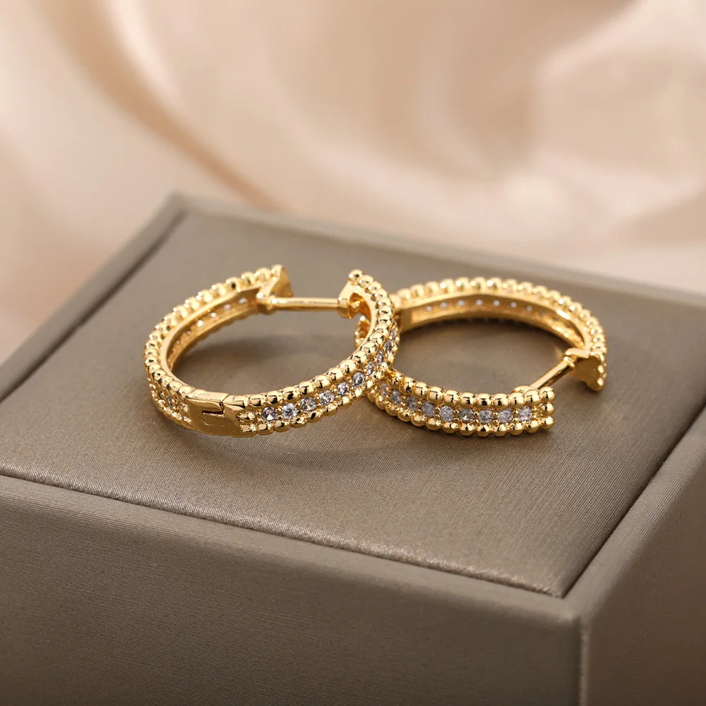 Zircon Round Studs Earrings For Women Crystal Rhinestone Stainless Steel Geometric Earrings Jewelry Circle Ear Buckle Femme