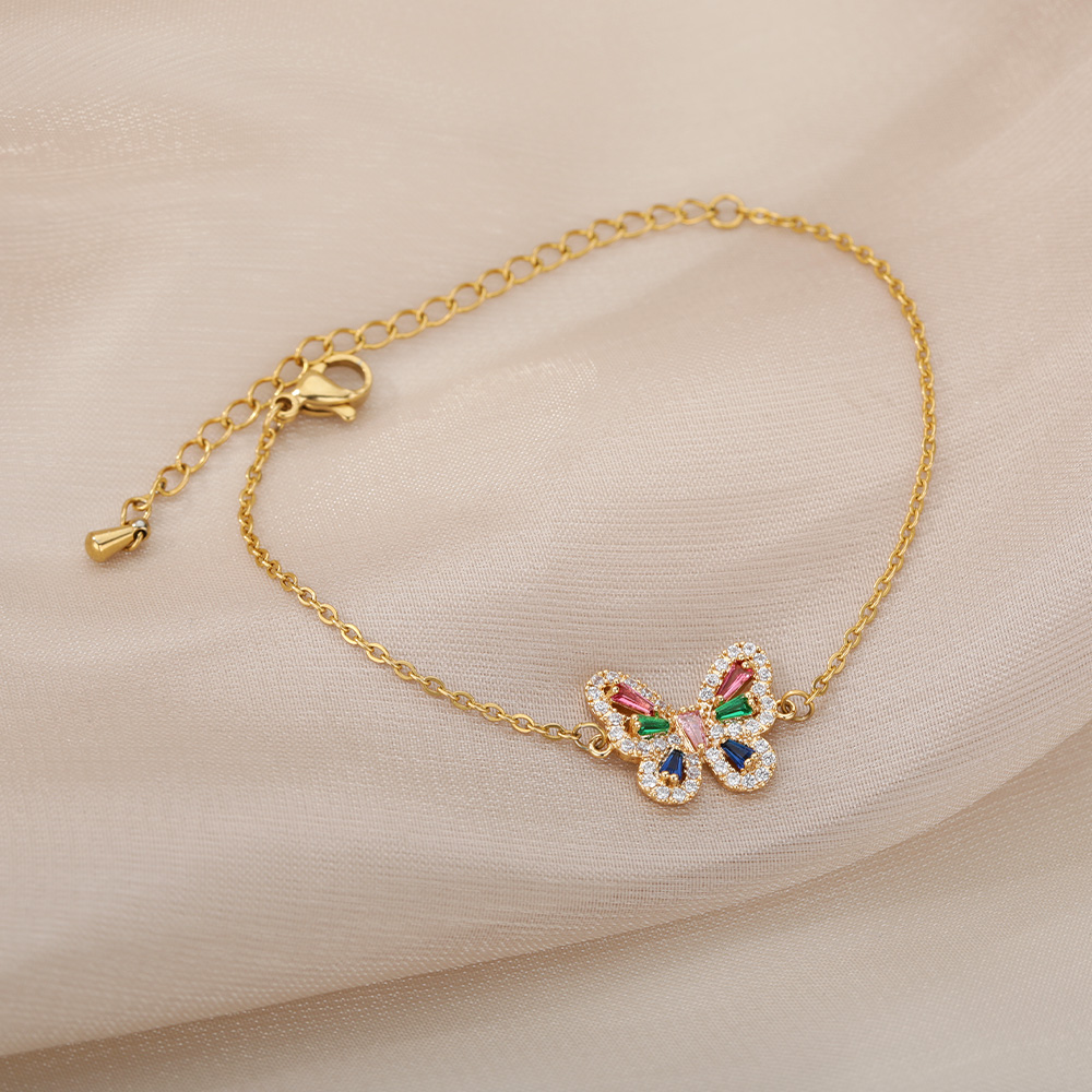 Butterfly Bracelet For Women Sweet Shining Colorful Zircon Stainless Steel Cute Animal Bracelet Accessory Bangle Jewelry Boho
