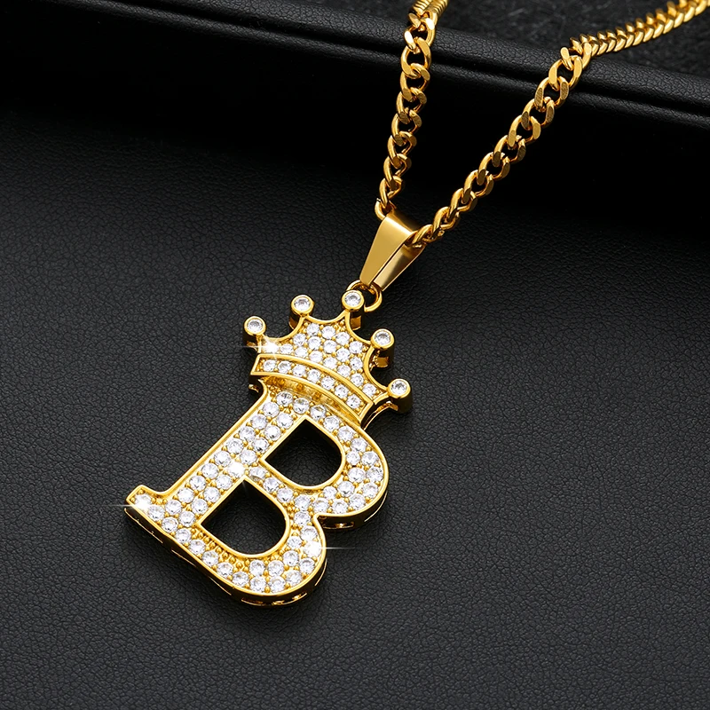 Crystal Crown Necklace For Man Women Initial Letter Necklaces Hip Hop Alphabet Pendant Goth Chain Jewelry Gifts For Kids Bijoux
