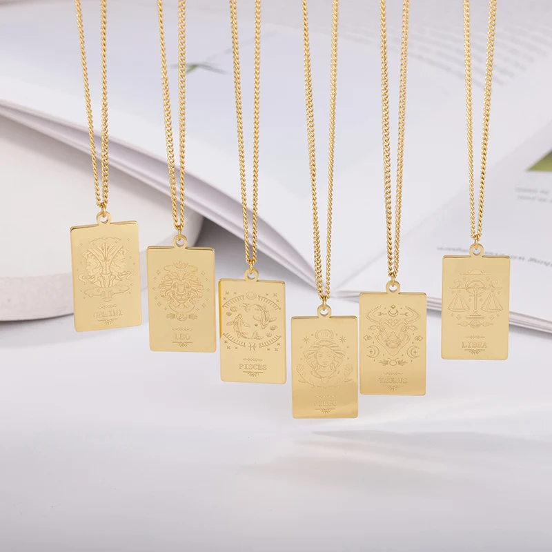 Stainless Steel Zodiac Sign Necklace For Women Constellation Libra Symbol Square Pendant Chain Choker Necklace 2022 Jewelry Gift
