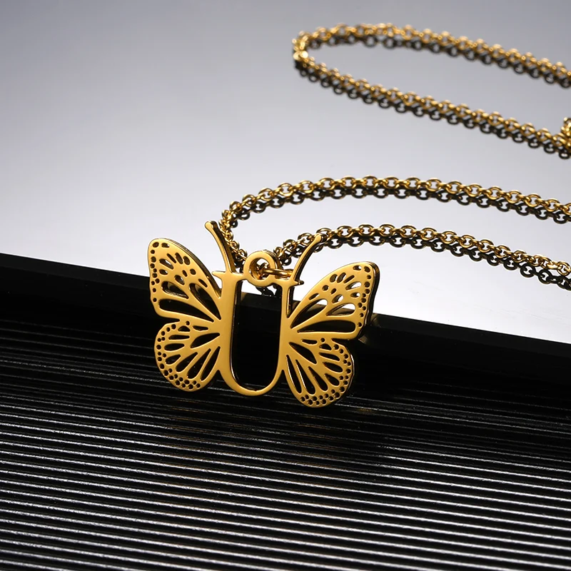 Initial Letter with Butterfly Necklace For Women Butterfly Jewelry Stainless Steel Alphabet Pendant Choker Necklace Female Gift Initial Letter with Butterfly Necklace For Women Butterfly Jewelry Stainless Steel Alphabet Pendant Choker Necklace Female Gift