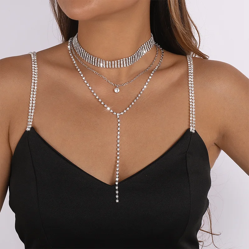 Stonefans Simple Rhinestone Long Tassel Necklace for Women Luxurious Multilayer Claw Chain Collar Y Shape Jewelry Accessories