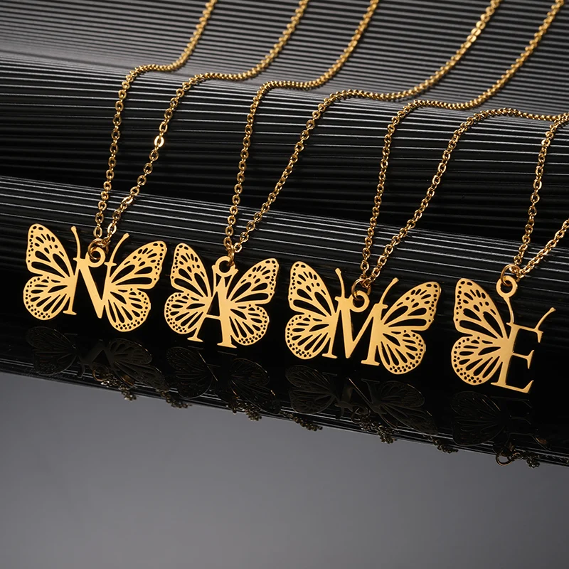 Initial Letter with Butterfly Necklace For Women Butterfly Jewelry Stainless Steel Alphabet Pendant Choker Necklace Female Gift Initial Letter with Butterfly Necklace For Women Butterfly Jewelry Stainless Steel Alphabet Pendant Choker Necklace Female Gift