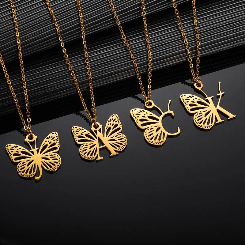 Initial Letter with Butterfly Necklace For Women Butterfly Jewelry Stainless Steel Alphabet Pendant Choker Necklace Female Gift Initial Letter with Butterfly Necklace For Women Butterfly Jewelry Stainless Steel Alphabet Pendant Choker Necklace Female Gift