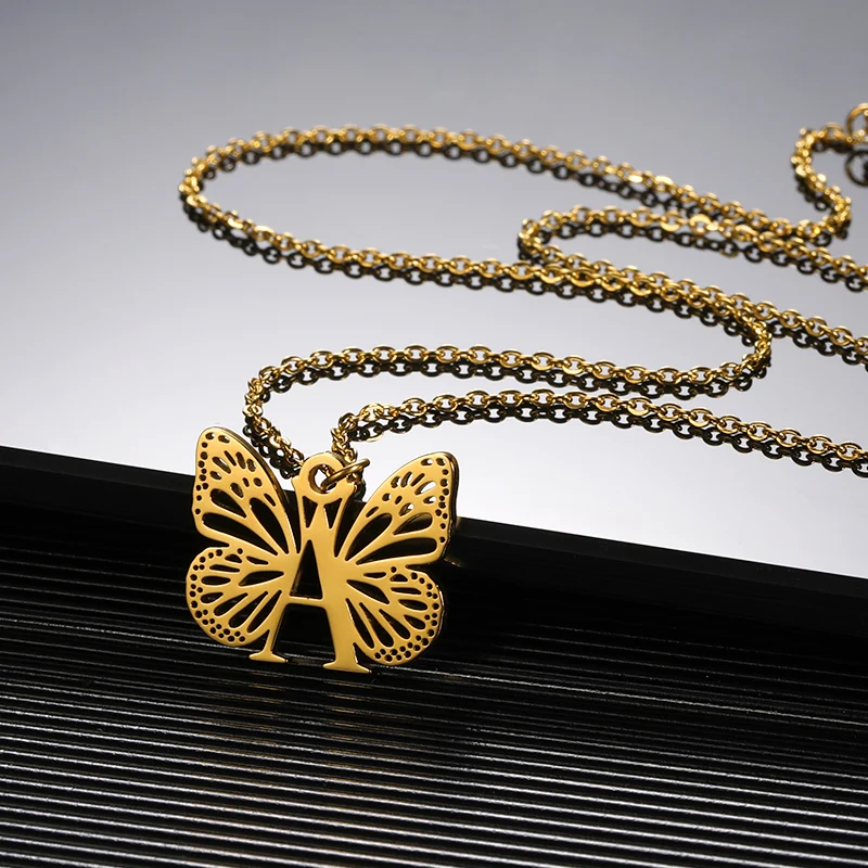 Initial Letter with Butterfly Necklace For Women Butterfly Jewelry Stainless Steel Alphabet Pendant Choker Necklace Female Gift Initial Letter with Butterfly Necklace For Women Butterfly Jewelry Stainless Steel Alphabet Pendant Choker Necklace Female Gift